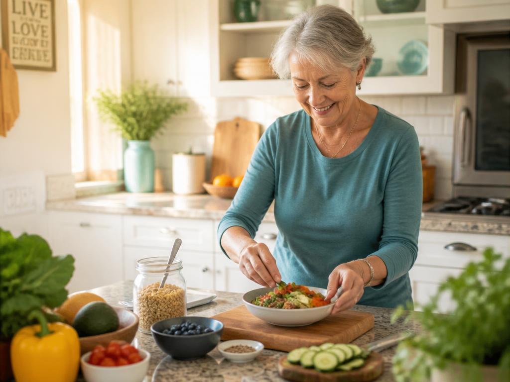 Woman preparing a colorful, healthy meal in a bright kitchen